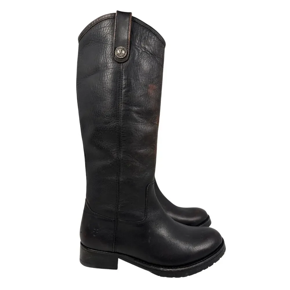 Frye Melissa Double Sole Button Lug Tall Boot Womens 6.5 M Black Antique Leather